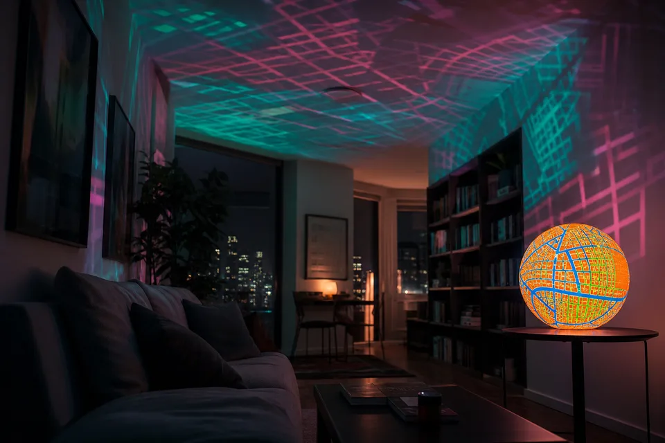 Room washed in colorful projections from an artistic city-map sphere lamp