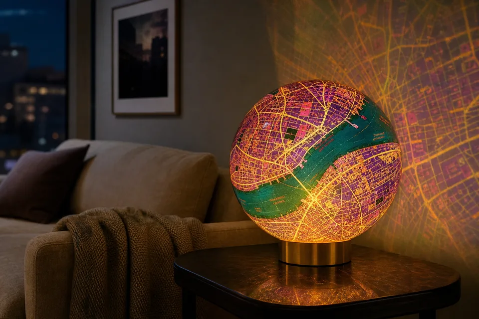 Sphere lamp with violet, neon yellow, and fuchsia city map wrap