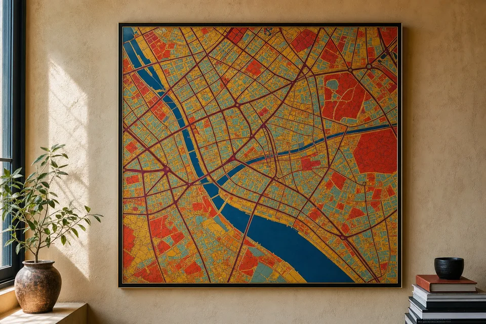 Framed mustard and burgundy artistic city map poster on a wall