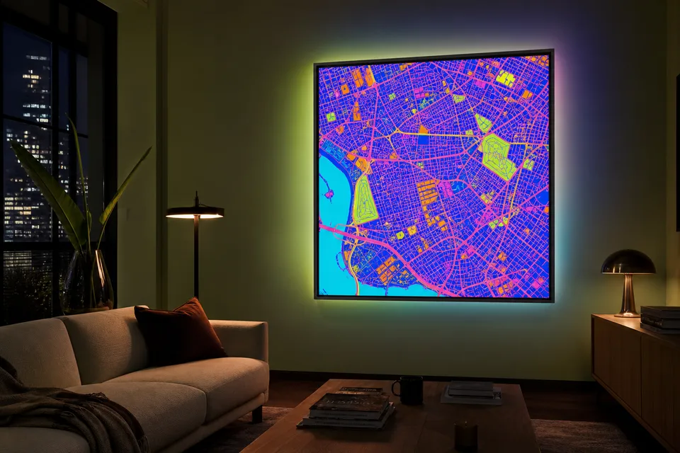 Backlit framed city map with cobalt, pink, and lime colors