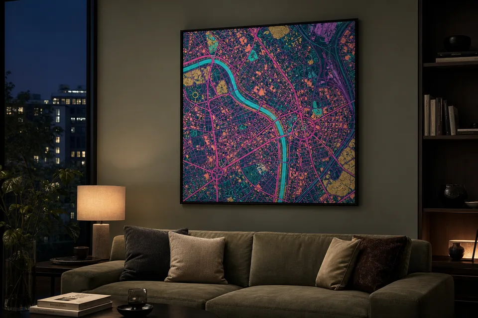 Framed city map with magenta streets and teal land on a living-room wall