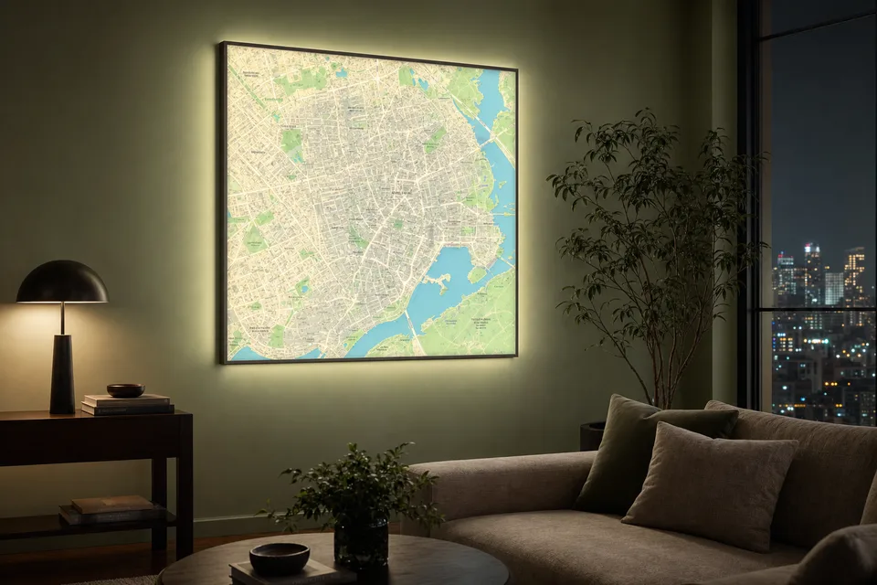 Backlit framed city map glowing on a living-room wall