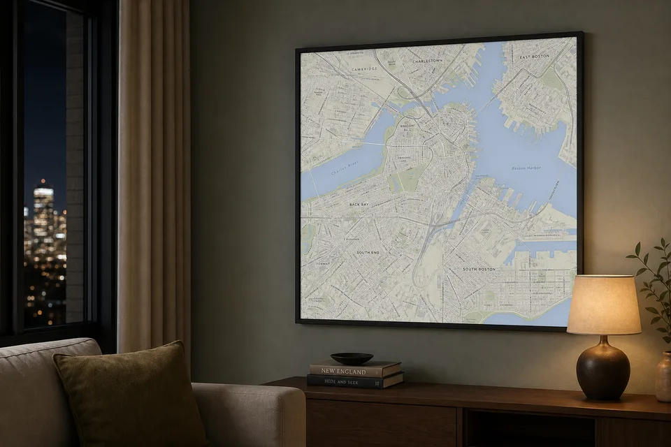 Framed city map print on a living-room wall in normal light