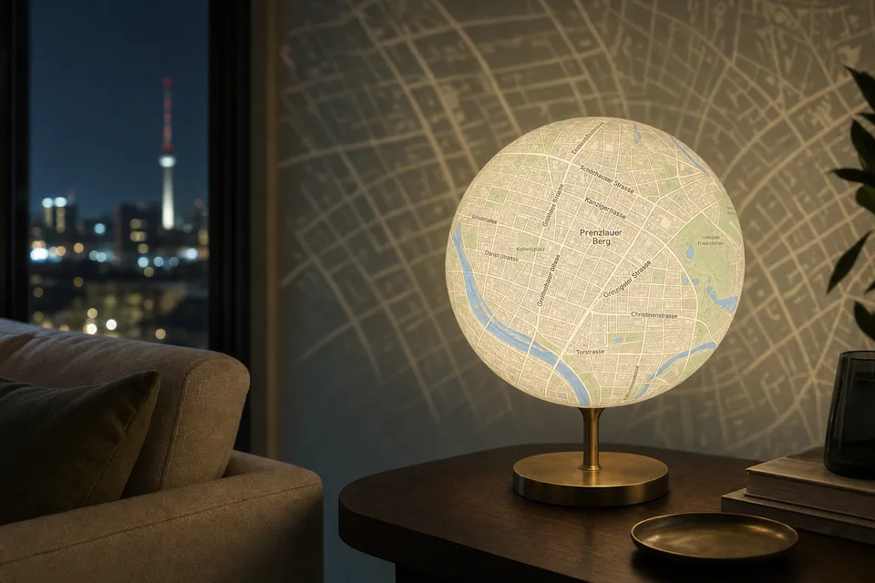 City map sphere lamp projecting soft map light in a living room