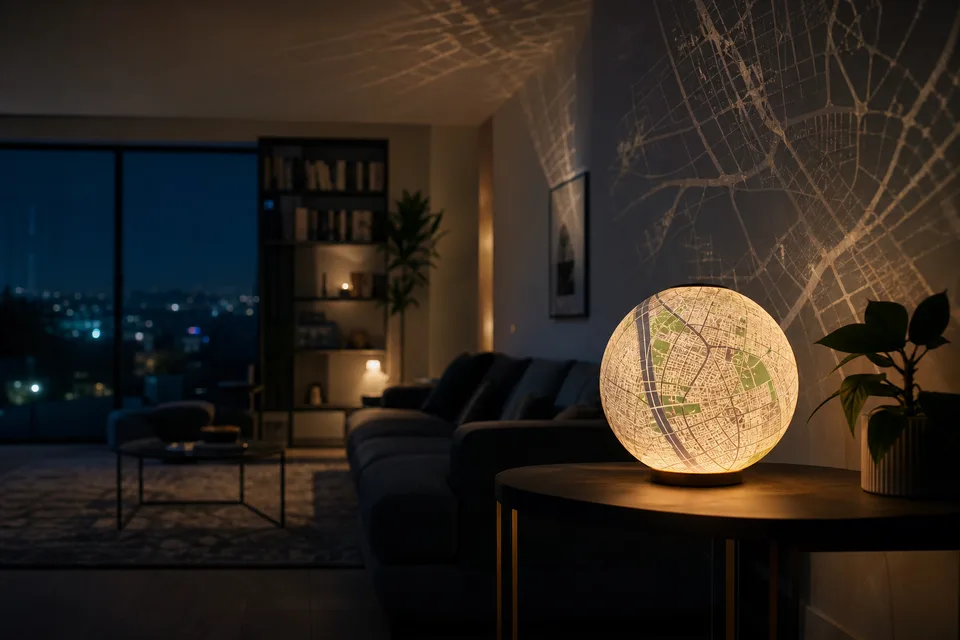 Wide view of a room lit by map projections from a sphere lamp